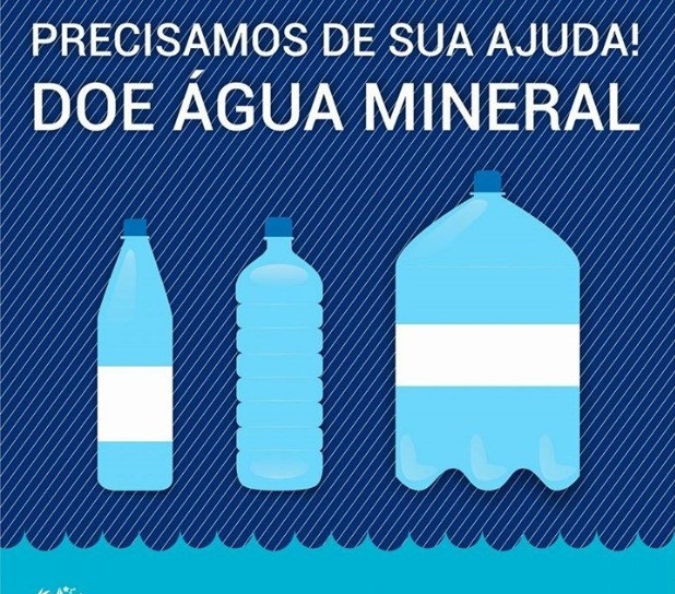 Pedido de doação de água mineral, com desenho de garrafas de água