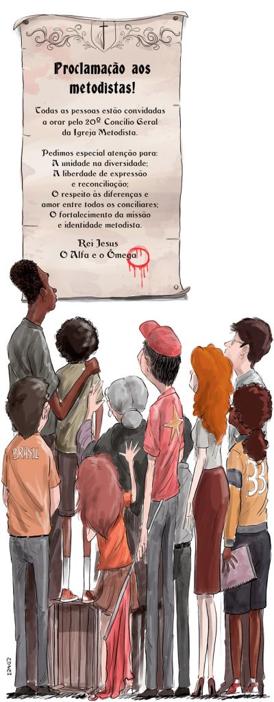 Grupo de pessoas lendo a Proclamao aos metodistas, onde est escrito: "Todas as pessoas esto convidadas a orar pelo 20 Conclio Geral da Igreja Metodista. Pedimos especial ateno para: A unidade na diversidade; A liberdade de expresso e reconciliao; O respeito s diferenas e amor entre todos os conciliares; O fortalecimento da misso e identidade metodista." Assinado: Rei Jesus - O Alfa e o mega