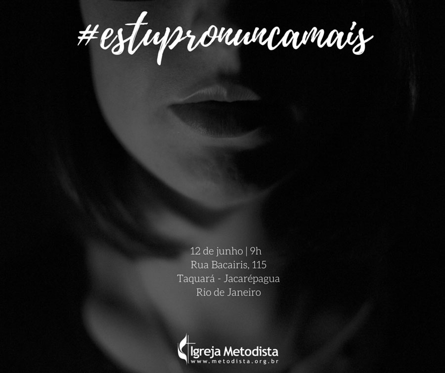 Parte do rosto de uma mulher, com a hashtag #estupronuncamais e as informaes do culto contra a cultura do estupro